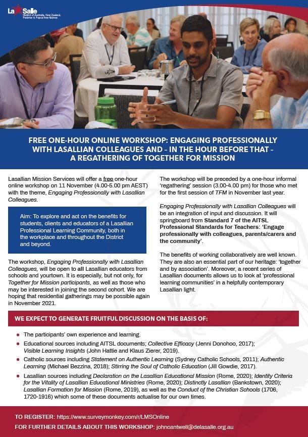 FREE ONLINE WORKSHOP: ENGAGING PROFESSIONALLY WITH LASALLIAN COLLEAGUES FREE ONLINE WORKSHOP: ENGAGING PROFESSIONALLY WITH LASALLIAN COLLEAGUES